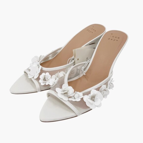 NEW A New Day Women's Lupita Mesh Rhinestone Peep Toe Mule Heels White Size 6 - Picture 1 of 9
